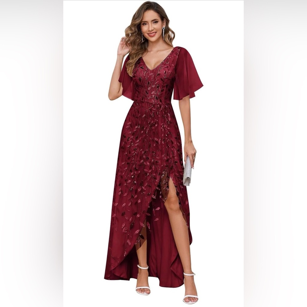 Burgundy short sleeve mother of the bride dress with slit